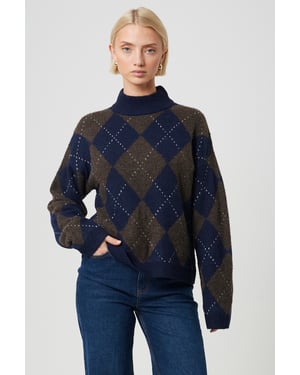 Navy Argyle Turtle Neck Jumper