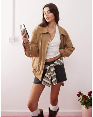 Motel cavita faux suede longline bomber jacket in tan