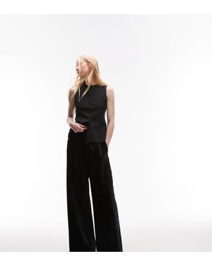 Topshop Tall crushed velvet wide leg trouser with skinny waistband in black