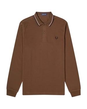 Fred Perry Zwarte Polo Met Dubbele Kraag En Lange Mouwen In De Kleur Burnt Tobacco