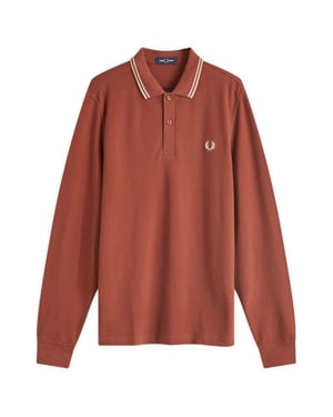 Fred Perry Zwarte Polo Met Dubbele Kraag En Lange Mouwen In Whiskybruine Kleur
