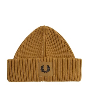 Fred Perry Branded Patch Dark Caramel Ribbed Beanie