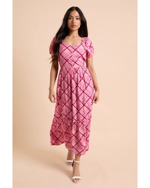 Petite Pink Check Button Front Frill Puff Sleeve Midi Dress