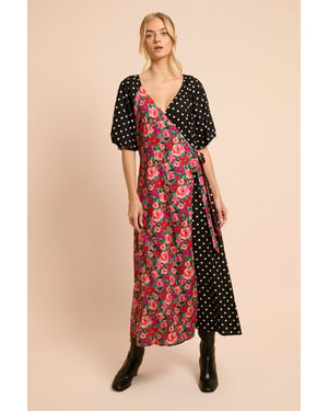 Floral Spot Puff Sleeve Print Mix Wrap Midi Dress