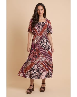 Patchwork Shirred Bodice Flutter Sleeve Midi Dress