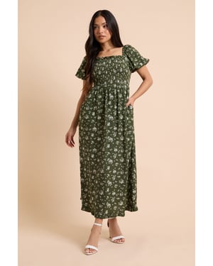 Petite Green Floral Shirred Bodice Trim Detail Midaxi Dress