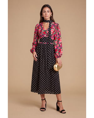 Petite Print Mix Long Sleeve Tie Detail Maxi Dress