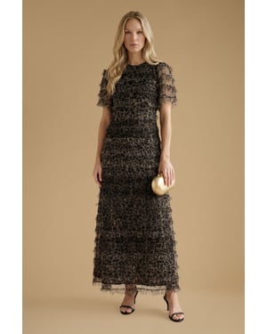 Leopard Print Ruffle Mesh Maxi Dress