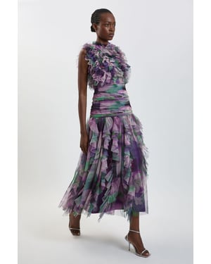 Blurred Floral Frill Tulle Maxi Dress