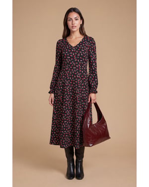 Petite Black Floral V Neck Jersey Midi Dress