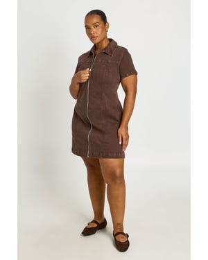 Plus Short Sleeve Zip Front Denim Dress