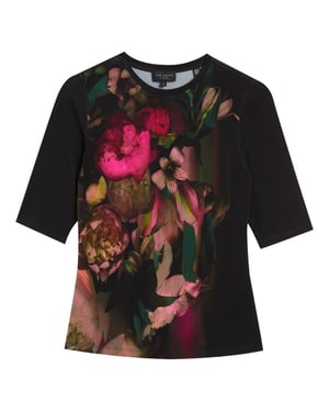 Ted Baker Floene Printed Skinny Fit Quarter Sleeve Black Top
