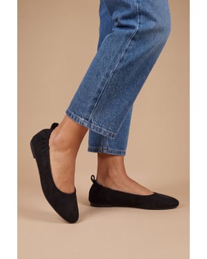 Julia Faux Suede Ruched Elasticated Black Ballet Pumps