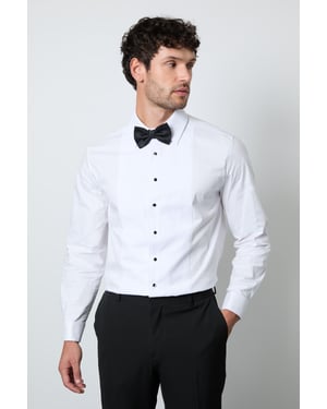 White Bib Front Double Cuff Slim Fit Dress Shirt