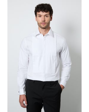 White Pleat Front Concealed Placket Slim Fit Dress Shirt