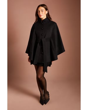 Faux Pearl Button Detail Belted Occasion Cape