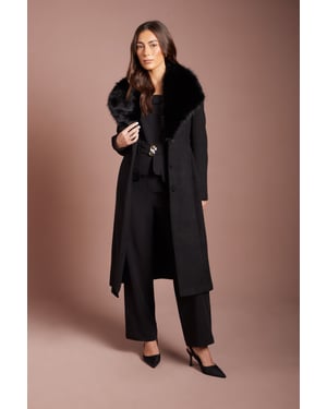Black Faux Fur Collar Occasion Belted Midi Coat