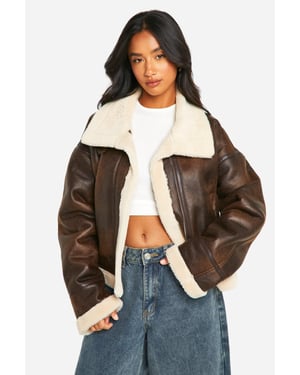 Petite Vintage Faux Leather High Neck Aviator