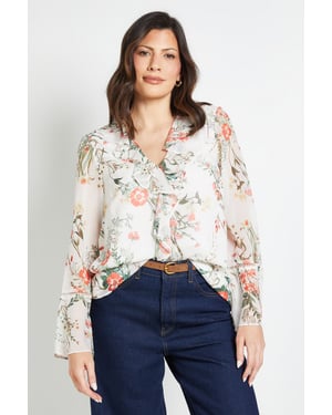 Printed Ruffle Blouse with Lace Insert