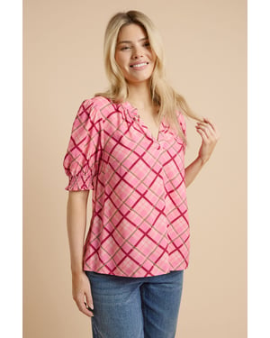 Pink Check Puff Sleeve Overhead Blouse