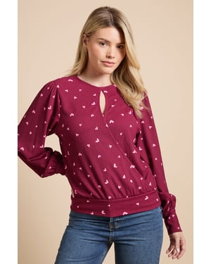Berry Hearts Key Hole Wrap Long Sleeve Top
