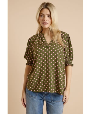 Green Spot Puff Sleeve Overhead Blouse
