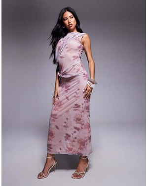 ASOS DESIGN tryckt mesh draperad midiklänning med en axel i suddig blommönster