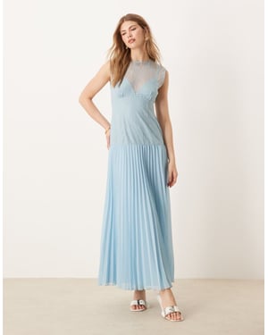 ASOS DESIGN spetsliv plisserad kjol midiklänning i isig blå