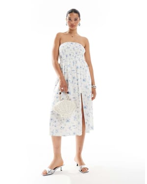 Hollister strapless drop waist panelled midiklänning i blått blommönster
