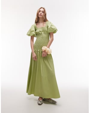 Topshop puffärmad fyrkantig halsringning med rynk midi-klänning i grön