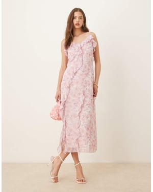 Vila frill trim midi-klänning i rosa blommönster