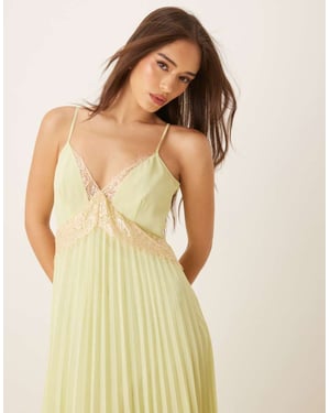 ASOS DESIGN V-ringad spetskantad plisserad midiklänning i salviagrön