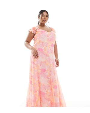 Vero Moda Curve Smilla klänning med fladderärmar och ankellängd i rosa suddig blommönster