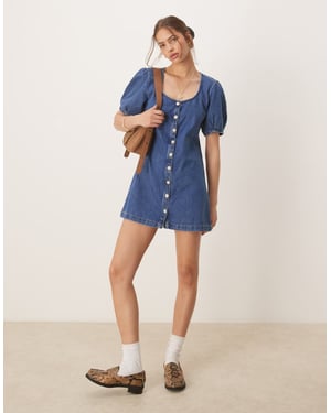 ASOS DESIGN denim knappgenomgång mini klänning med puffärmar i mellanblått