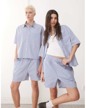 Återvunnen vintage unisex boxy shorts i blå och vit rutig mönster
