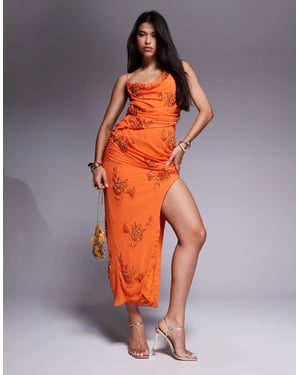 ASOS DESIGN utsmyckad blommig draperad cutout maxiklänning i orange