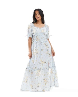 Miss Selfridge Petite tryckt mjölkpiga maxiklänning i blått blommönster