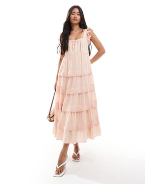 Miss Selfridge spetsbroderad babydoll maxi klänning i persika