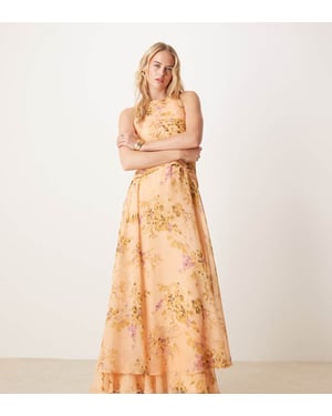 ASOS DESIGN Lång racerhalsad klänning med draperad bodice och sänkt midja i blommönster