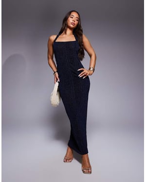 ASOS DESIGN maxi klänning med fyrkantig halsringning och detaljerad rem i metallisk marinblå