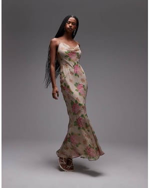 Topshop dubbel lager satäng- och chiffon maxikjol i tryckt elfenben och rosa ros