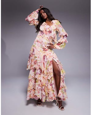 ASOS LUXE organza och chiffong tryckt asymmetrisk maxiklänning i vintage blommönster