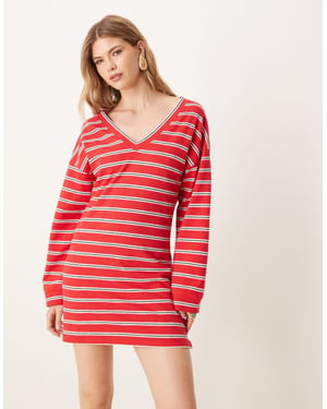 ASOS DESIGN V-front långärmad T-shirt miniklänning i rödrandig