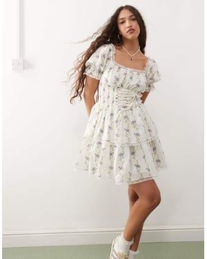 Miss Selfridge korsett mini klänning i blå tapetblommönster