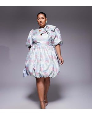 ASOS LUXE Curve jacquard puffärmad mini klänning med rosett i flerfärgad lapptäcktsprint
