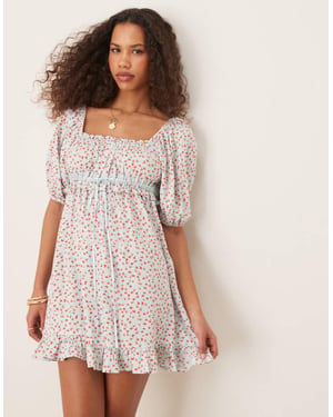 ASOS DESIGN fyrkantig halsringning puffärmad mini smockklänning i blått blommönster
