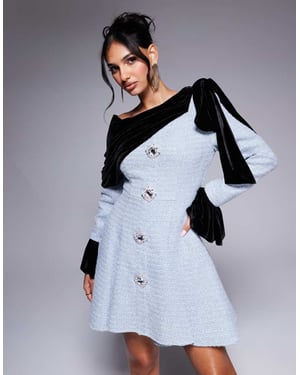 ASOS LUXE boucle- och sammet-miniklänning med dekorerade knappar i isblå