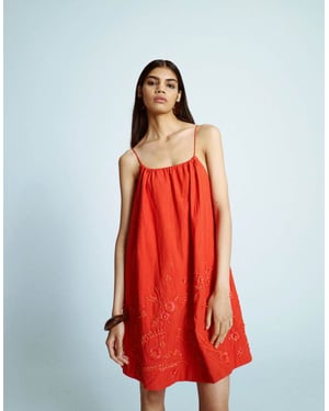 Topshop trapeze sving mini klänning med raffia broderi i röd