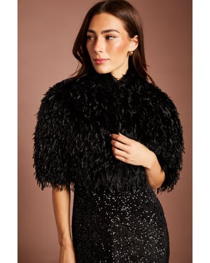 Black Faux Feather Fur Cropped Cape