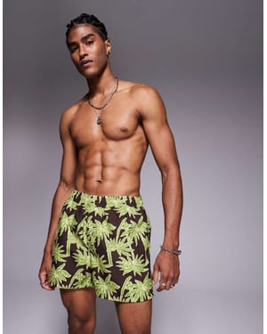 ASOS DESIGN badshorts i kort längd med brunt palmtryck
